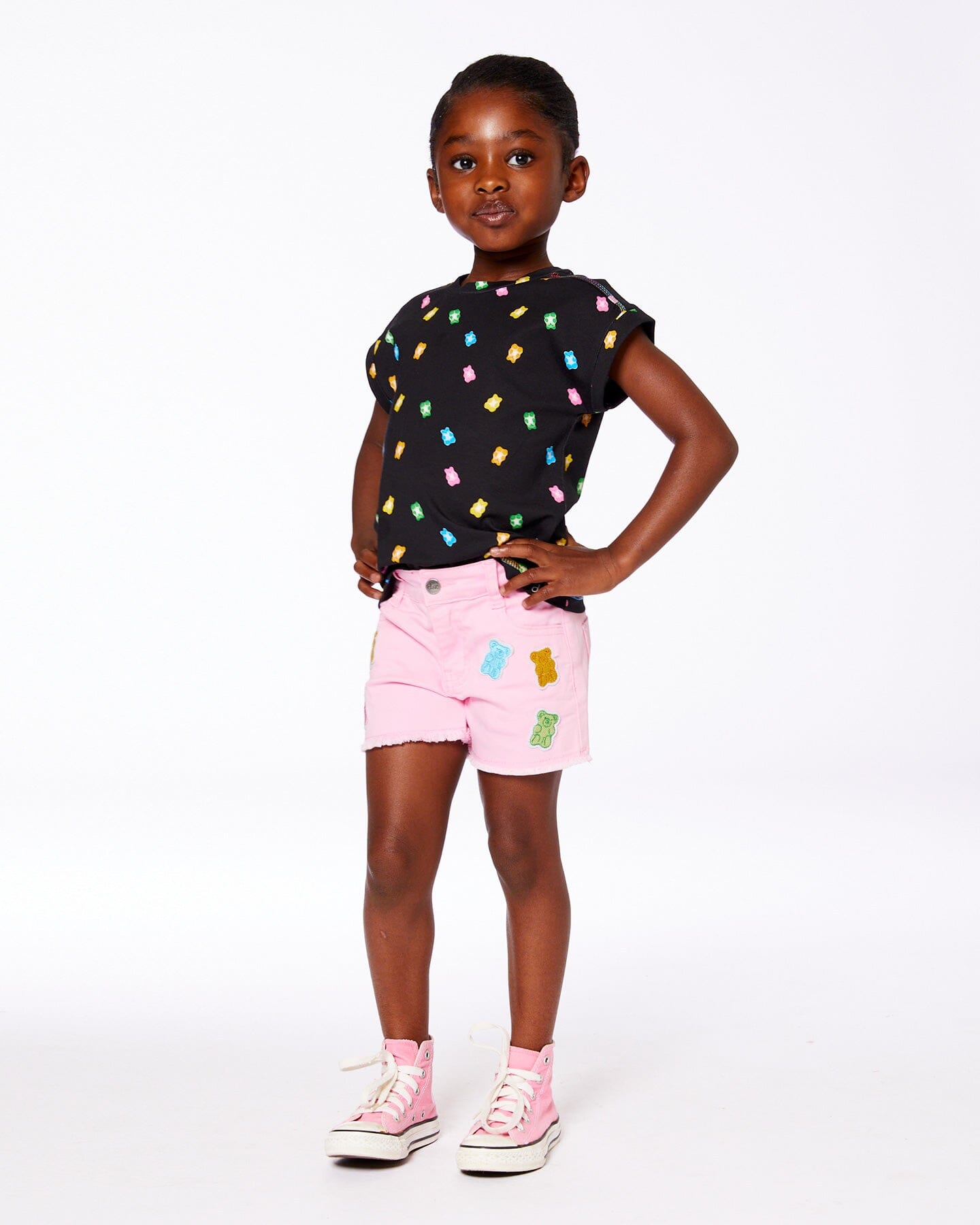 Jean Short With Embroidery Pink And Multicolored Gummies-1