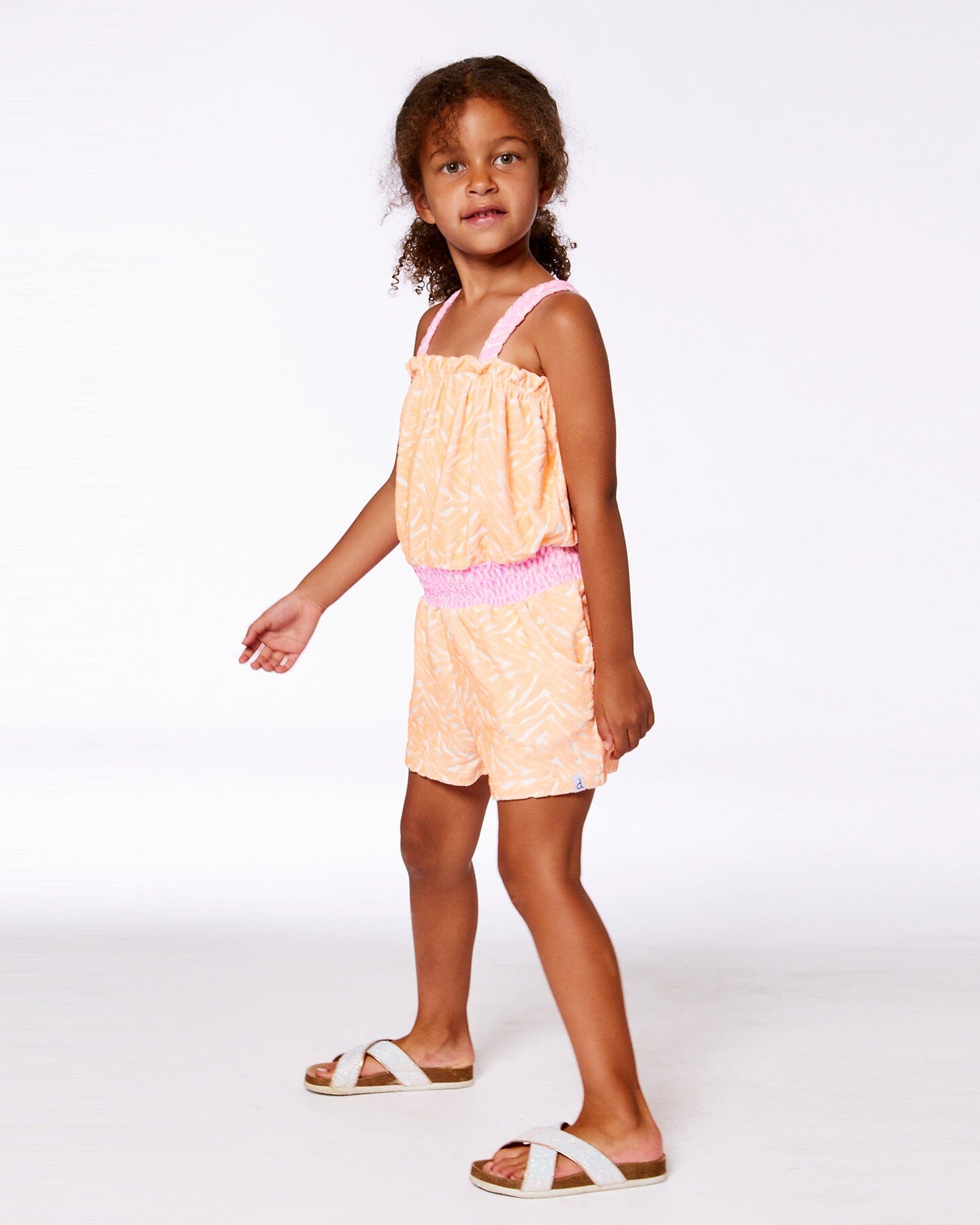 Printed Terry Cloth Romper Vibrant Orange And White-1
