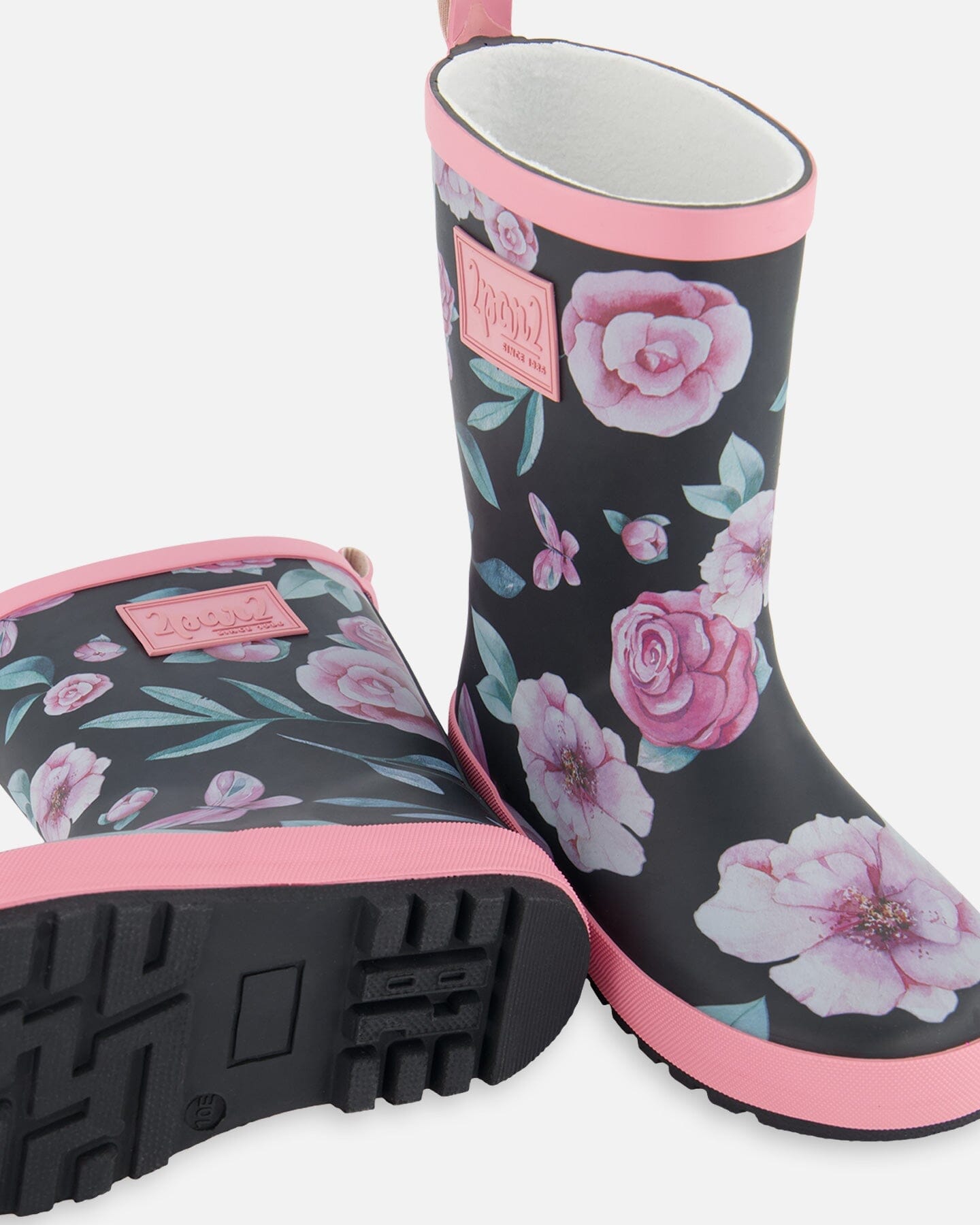 Printed Rain Boots Pink, Black, And Flowers-1