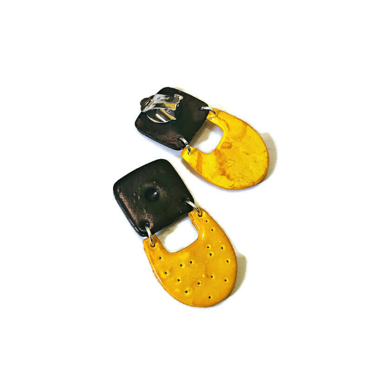 Black & Yellow Clip On Earrings for Non Pierced Ears- "Val"-0